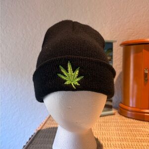 Black Beanie with Green Leaf Embroidery